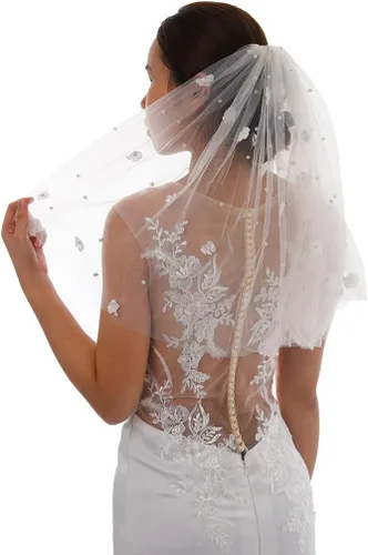 Vista 4 de 118'' Cathedral Wedding Veil Floral Bridal Veils Pearl Long Veil with Comb 2 Tier Short Veil for Brides