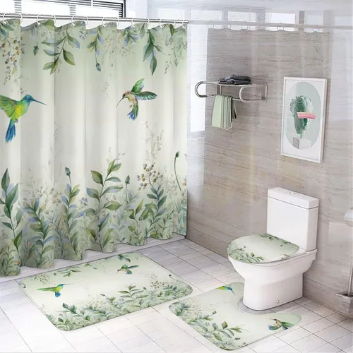 Vista 11 de Hermosos juegos de cortinas de ducha de 4 piezas de hojas de eucalipto, colibrí, rústico, acuarela, morado, eucalipto, floral, colibrí