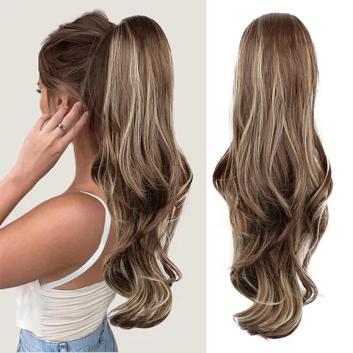 Vista 18 de Extensión de cola de caballo rubio, extensión de cola de caballo con cordón de 20 pulgadas para mujeres, extensiones de cabello de cola de caballo