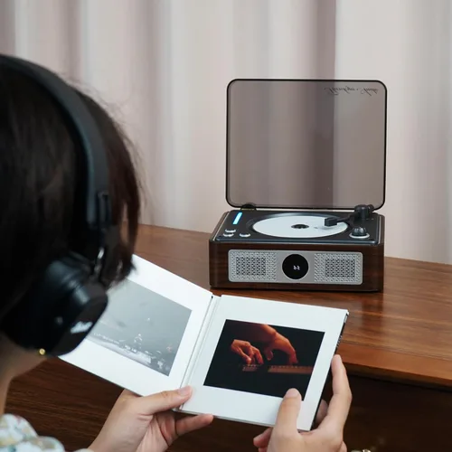 Vista 4 de Reproductor de CD retro para el hogar, reproductor portátil con Bluetooth y Marrón
