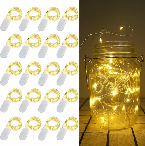 Vista 7 de Paquete de 15 luces de hadas que funcionan con pilas, 6.6 pies, 20 luces LED de tarro de masón, alambre plateado, impermeable, luciérnaga, mini