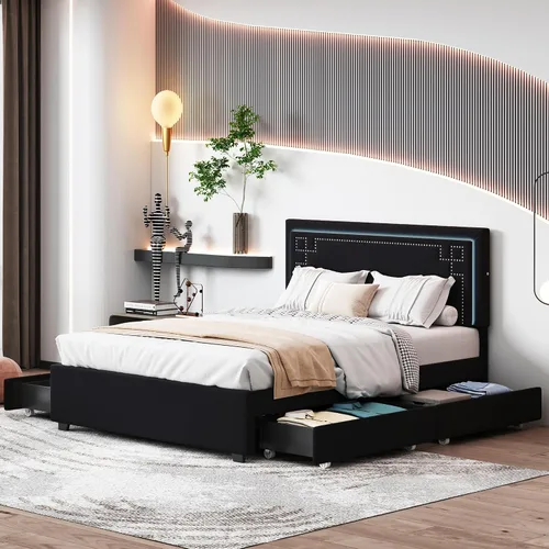Vista 36 de Cama de plataforma flotante, marco de cama de madera tamaño individual con rayas claras, tela de lino suave y cabecera de diseño capitoné