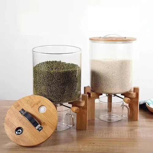 Vista 2 de Dispensador de arroz de 5 L, cubo de vidrio dispensador de granos, dispensador de cereales para cocina y organización de despensa, recipiente grande