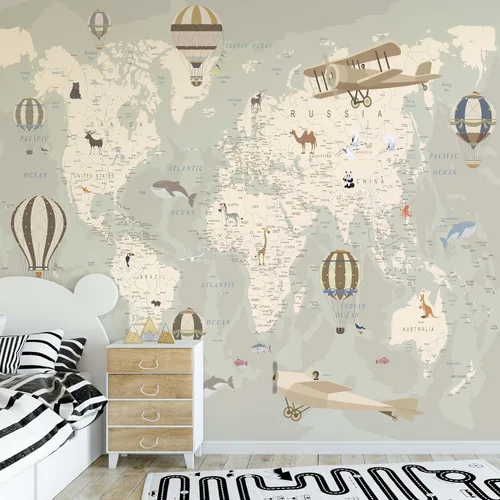 Vista 9 de Papel tapiz de mapa del mundo para niños con animales, calcomanías educativas para despegar y pegar, murales de guardería para bebés, niños