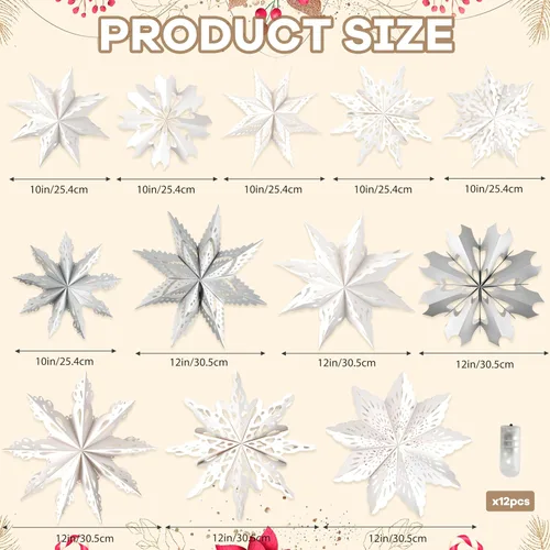 Vista 6 de 12 piezas de linternas de copo de nieve de papel de Navidad, linternas de estrella de papel de Navidad 3D con luces LED, lámparas colgantes de copo