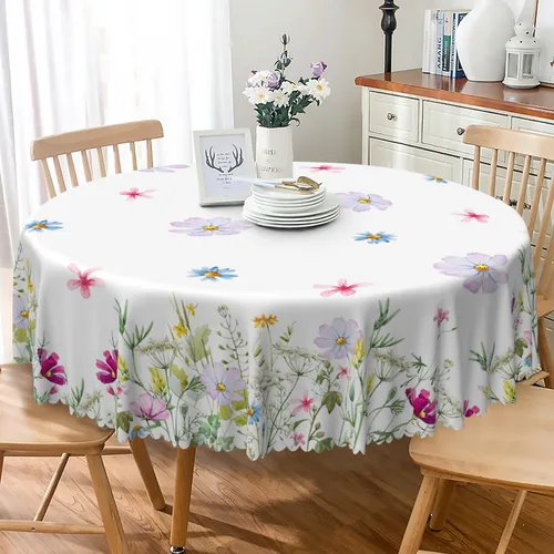 Vista 11 de Mantel redondo floral rústico de 48 pulgadas, con estampado botánico de flores en acuarela verde, azul y gris, a prueba de derrames y aceite, tela