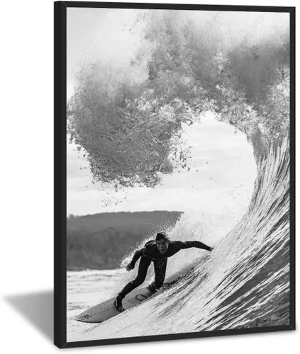 Vista 8 de Póster retro de surf fresco, arte de pared en blanco y negro, pósteres estéticos de habitación, arte de pared vintage del océano, pintura en lienzo