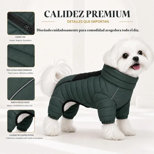 Vista 2 de Suéter para Perro ArmyGreen, Resistente al Viento, Reflectante - Chaqueta de Invierno Dirigible para S, M, L - Cremallera, Tallas Ajustables Verde