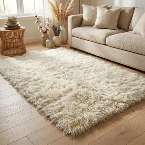 Vista 13 de Elegantes alfombras griegas flokati. Pelo suave y esponjoso de 3 pulgadas. 100% lana natural. Alfombra moderna de color blanco roto lanudo