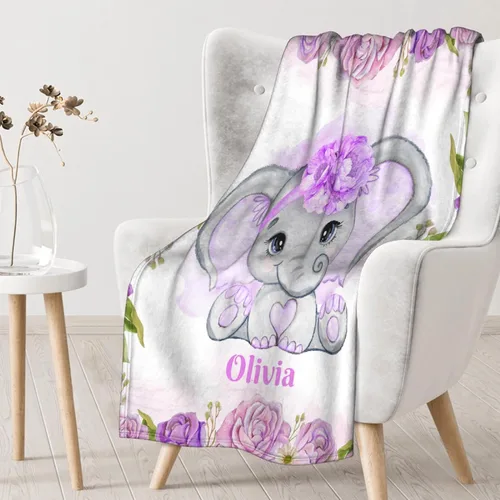 Vista 5 de Manta de franela personalizada con nombre de elefante bebé para niñas y niños, regalo divertido y significativo para todas las estaciones
