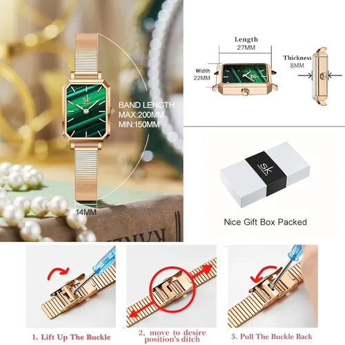Vista 6 de SHENGKE SK - Reloj cuadrado único para mujer, con correa de malla de acero inoxidable, de cuero auténtico, elegante, rectángulo, para mujer