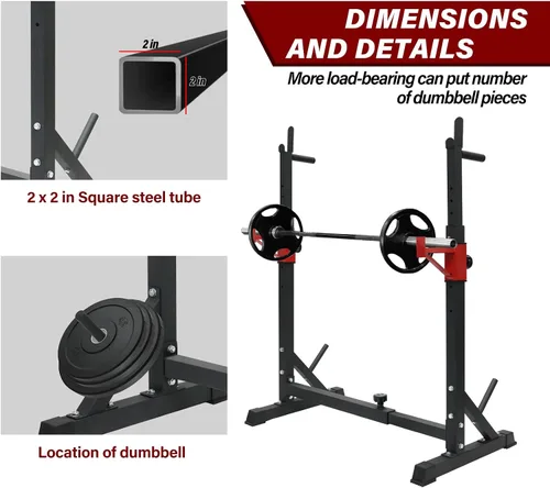 Vista 5 de BESTHLS Adjustable Squat Rack Stand with Barbell Rack, Weight Plate Holder, J Hooks,Dip Bar Station for Bench Press Strength Training Max Load