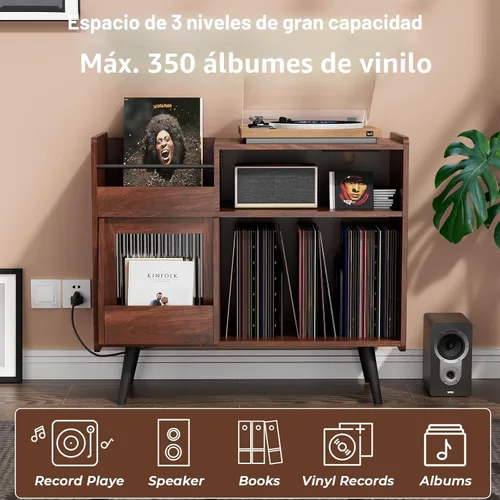 Vista 4 de Soporte grande para tocadiscos con puerta corredera, armario de almacenamiento de discos de vinilo 350, mesa de tocadiscos con toma de corriente