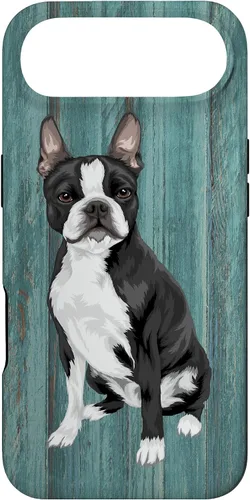 Vista 27 de Boston Terrier Faux Blue Wood Background Case for iPhone 17