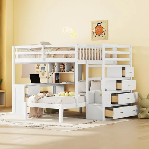Vista 11 de RUNNA Litera matrimonial sobre individual con escritorio, cajones y escaleras, litera de madera maciza para niños, niñas, adolescentes y adultos