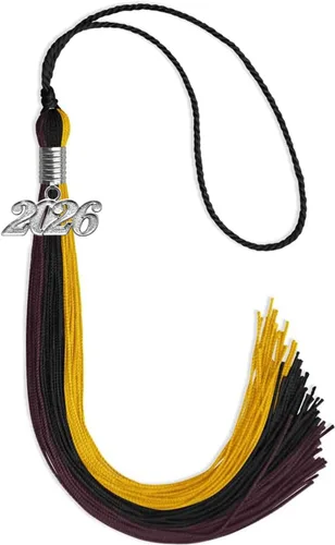 Vista 132 de Endea Graduation Borla de triple color con gota de fecha plateada (negro/dorado/granate, 2020)