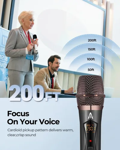 Vista 5 de ALPOWL Micrófonos inalámbricos, sistema de micrófono dinámico de metal con receptor recargable, duración de 50 horas, rango de 200 pies, micrófono