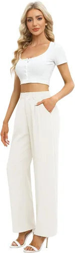 Vista 5 de Feiersi Pantalones de trabajo de negocios para mujer, de cintura alta, pantalones de pierna ancha, pantalones largos y rectos con bolsillo