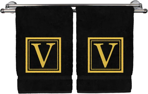 Vista 13 de Juego de 2 toallas de mano con monograma, 16 x 30 pulgadas, regalo personalizado, letra dorada bordada con diseño cuadrado sobre toalla negra, extra