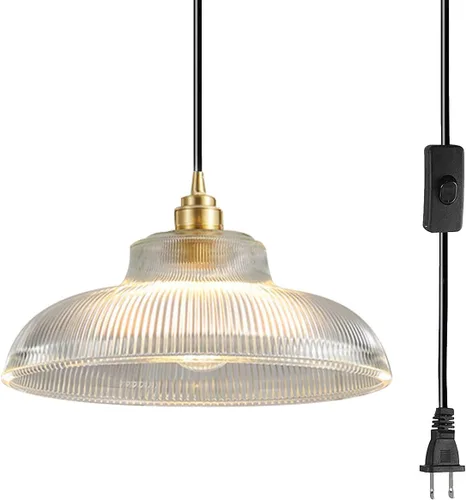 Vista 21 de Lámpara colgante enchufable de cristal azul, lámpara colgante dorada de altura ajustable con interruptor de encendido/apagado de cable de 14.7 pies