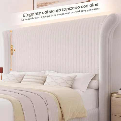 Vista 5 de Marco de Cama Queen con Cabecera Alta Tipo Ala de Piel Sintética de 54", Cama Plataforma Tapizada con Luz LED, Base de Colchón con Soporte