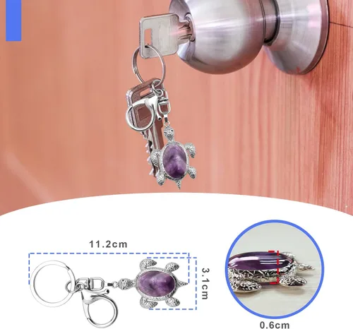 Vista 3 de Llavero de tortuga marina con piedras preciosas naturales para bolso, mochila, bolso, accesorio de joyería, Amatista natural