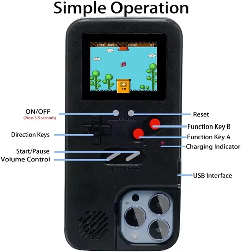 Vista 5 de Funda Gameboy para iPhone 6 Plus/ 6s Plus/ 7 Plus/ 8 Plus, diseño retro de 168 juegos clásicos, con pantalla de video a color, funda para teléfono a