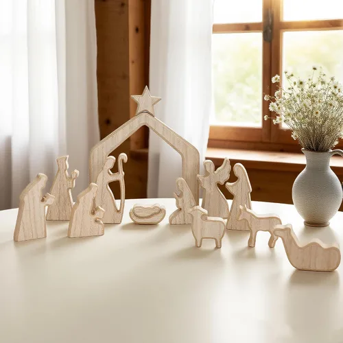 Vista 7 de NEROSUN - Juego de escenas de la Natividad, 13 figuras de madera en miniatura de la Sagrada Familia y el pesebre, figuras minimalistas, bohemias