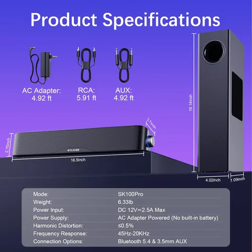 Vista 7 de Nylavee Altavoces de computadora con subwoofer, sistema de altavoces 2.1 para PC con Bluetooth 5.4 y entrada auxiliar de 3.5mm, potencia máxima