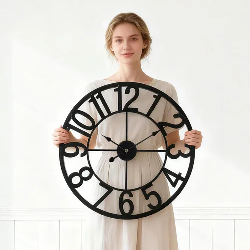 Vista 2 de Reloj de pared grande de 24 pulgadas, relojes de pared metálicos con números arábigos extragrandes para decoración de sala de estar, dormitorio