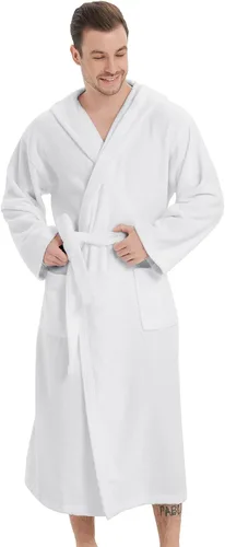Vista 2 de ZABER Batas de baño con capucha para hombres y mujeres, 100% algodón, esponjoso, cálido, patrón largo