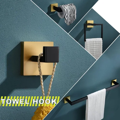 Vista 2 de Juego de 4 soportes para toallas de baño, juego de accesorios de baño de acero inoxidable negro y dorado, montaje en pared, 23.6 pulgadas