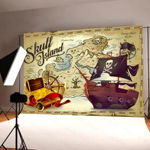 Vista 4 de KUBZT537 - Telón de fondo de fiesta pirata de 7 x 5 pies, fondo de mapa del tesoro pirata, suministros de cumpleaños para niños, decoración de baby