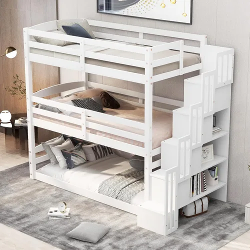 Vista 4 de Harper & Bright Designs Litera triple de madera con escalera de almacenamiento, literas de madera 3 camas en 1 para niños, cama triple desmontable
