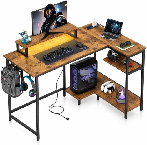 Vista 12 de DEVAISE Escritorio compacto para juegos en forma de L de 43 pulgadas con luces LED, marrón rústico
