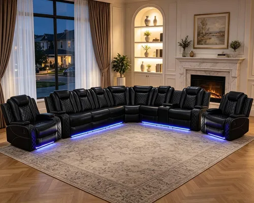Vista 7 de Juego de sofá modular reclinable eléctrico para sala de estar, sofá modular reclinable de cuero con mesa auxiliar, soporte para tazas, consola