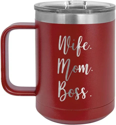 Vista 9 de WIFE MOM BOSS Black 15 oz Coffee Cup w/Slide Top Lid Insulated Travel Coffee Mug Birthday Or Christmas Gift Ideas From Women or Men Compare To