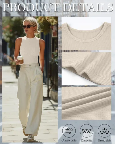 Vista 4 de Paquete de 3 camisetas sin mangas de algodón para mujer, de punto acanalado, casuales, básicas, de cuello redondo, ajustadas, de verano, con espalda