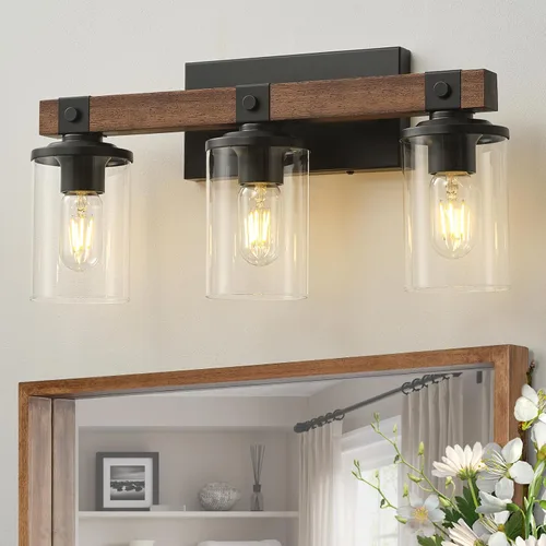 Vista 8 de Lámpara de tocador de granja para baño, accesorios de iluminación rústica de madera Luces de baño de 2 luces sobre espejo vintage de pared