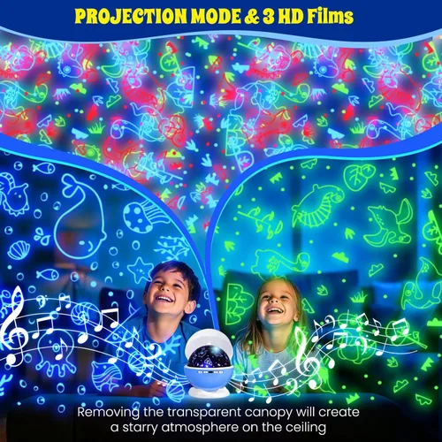 Vista 3 de Proyector de luz nocturna, luz nocturna para habitación de niños con control remoto y temporizador, rotación de 360°, 3 películas de proyección, 18