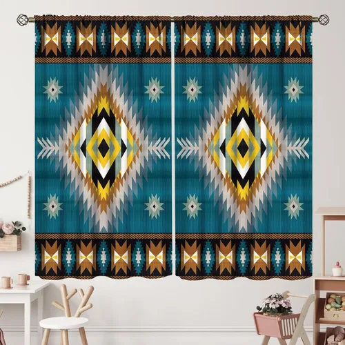 Vista 229 de Cortinas con patrón geométrico tribal, estilo suroeste, azteca, rústico, occidental, nativo americano, opacas, con bolsillo para barra, decoración