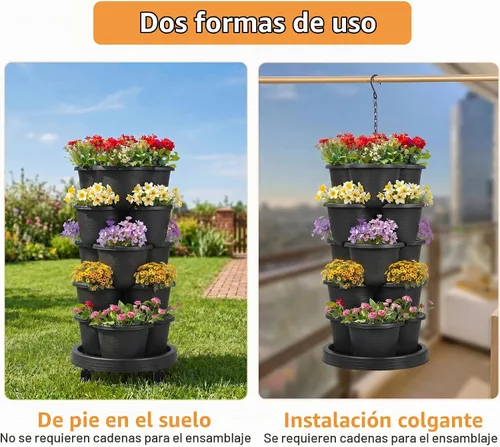 Vista 7 de VECELO Macetero vertical de 5 niveles, apilables, con ruedas para fresas, hierbas, flores, verduras, color negro