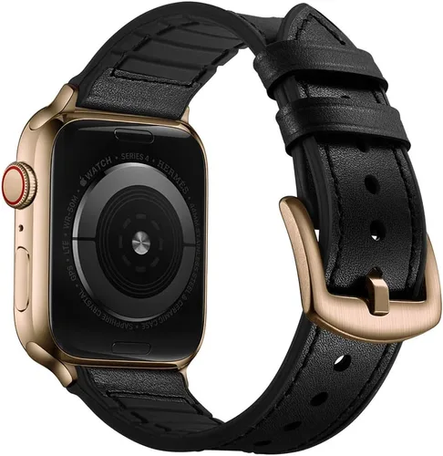 Vista 13 de OUHENG Correas de cuero compatibles con Apple Watch de 42mm 41mm 40mm 38mm, correa híbrida de cuero genuino y goma para iWatch Series 11 10 9 8 7 6