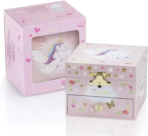 Vista 6 de RR ROUND RICH DESIGN Kids Musical Jewelry Box for Girls with Drawer and Jewelry Set with Mysterious Unicorn - Over the Waves Tune Pink