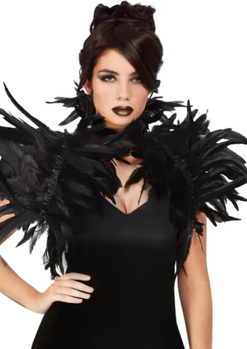 Vista 5 de UQJE Vestido negro de lujo para mujer, disfraz de capa de plumas con cuernos