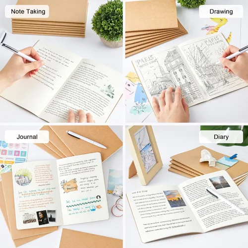 Vista 5 de feela Paquete de 8 cuadernos de papel kraft sin forro, bloc de notas en blanco para dibujar y escribir, cuaderno de bocetos pequeño diario de viaje