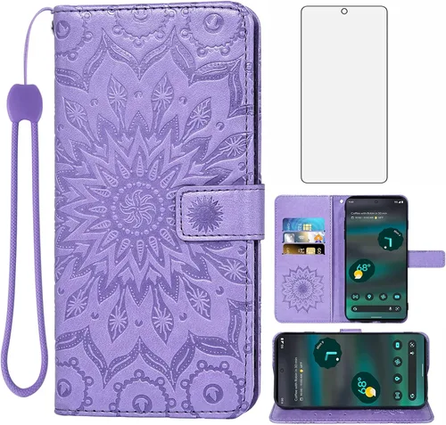 Vista 10 de Asuwish Funda de teléfono para Google Pixel 6A 5G 2022 con protector de pantalla de vidrio templado y piel de girasol, funda delgada con tapa