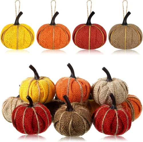 Vista 10 de Kajaia 12 piezas de mini adornos colgantes de calabaza de otoño de Acción de Gracias para árbol de 2.05 pulgadas, tela de arpillera, calabaza