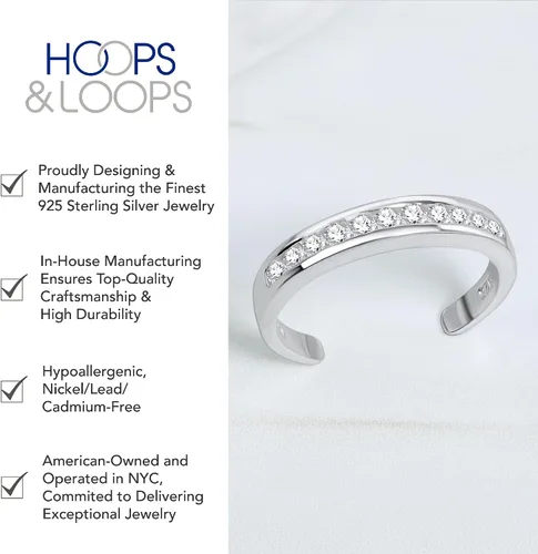Vista 3 de Hoops & Loops Anillo de plata de ley 925 con circonita cúbica, ajustable, resistente al deslustre, hipoalergénico, con punta abierta, para mujeres