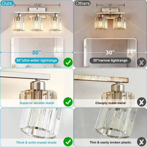 Vista 4 de GOLSPARK Modern Crystal Bathroom Vanity Light, Brushed Nickel Bathroom Lighting fixtures Over Mirror, 3-Light Vanity Light Fixtures, E26 Base Round